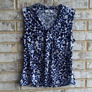 Calvin Klein Sleeveless Blue/White Floral Stretch Blouse Women's Size S